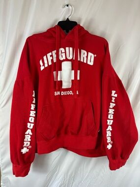 Popularity Products Red Lifeguard Hoodie with San Diego Lifeguard Logo in XXL
